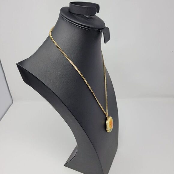 Vintage Guilloche Orange Rose Enameled‎ Pendant Locket Necklace Gold Tone 24" - Picture 10 of 13